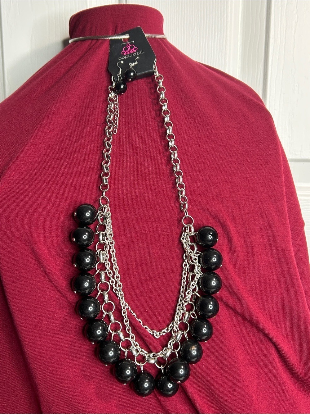 paparazzi Black Bead Multi-Strand Silver Chain Necklace